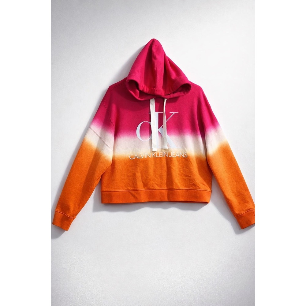 Calvin Klein Jeans Womens Pink Orange Ombre Logo Hoodie Sweatshirt Size S
